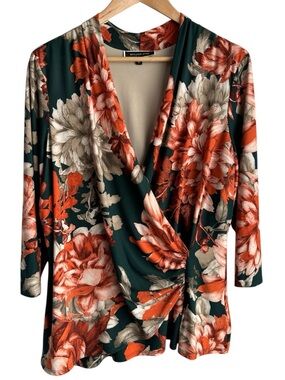 Melanie Lyne Floral Wrap Top Sz XL Dark Romantic Flattering Stretch Blouse VGUC